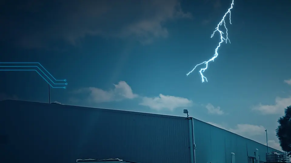 Nave industrial protegida con sistema pararrayos MIPTEC durante una tormenta