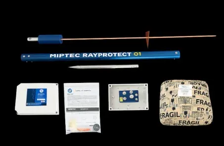 Componentes del kit MT-RayProtect 01: punta, acoplador, electrodo, registro y compuesto
