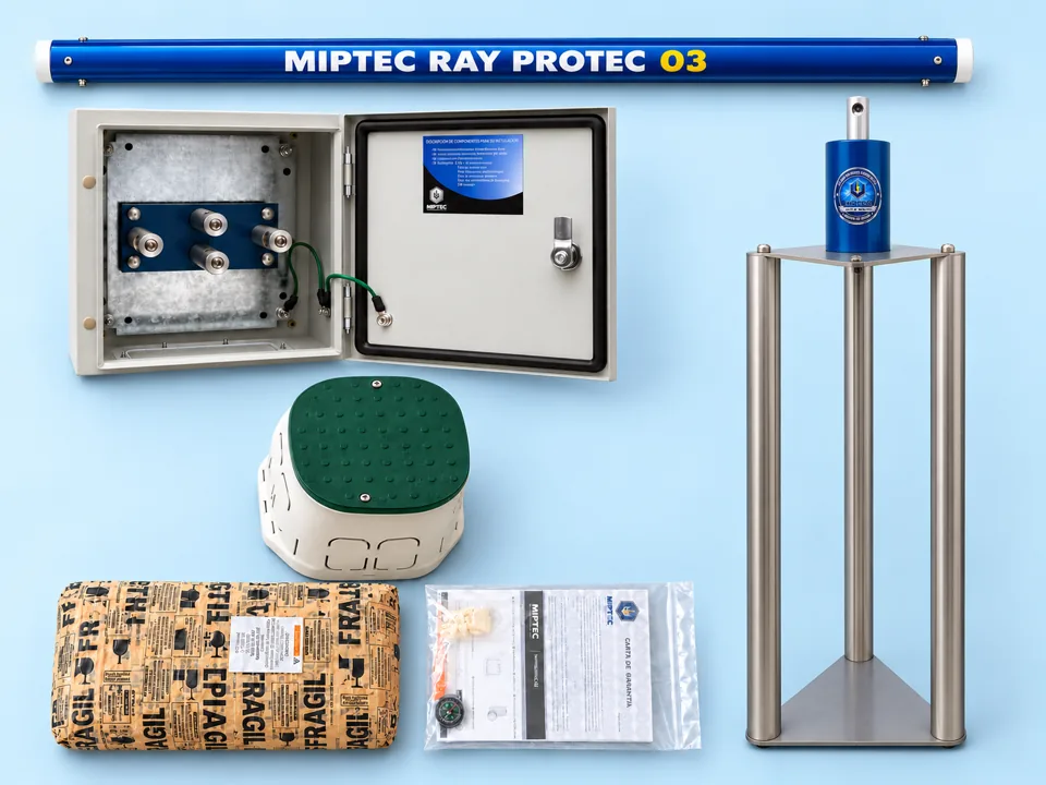Kit MIPTEC RayProtect 03: guía de onda, acoplador en gabinete metálico NEMA, electrodo magnetoactivo con base, registro, compuesto y carta de garantía
