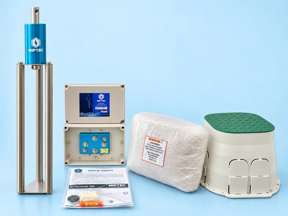 Kit MIPTEC MT-TerraLink 30A: electrodo magnetoactivo con base, acoplador IP65, compuesto acondicionador, registro y carta de garantía